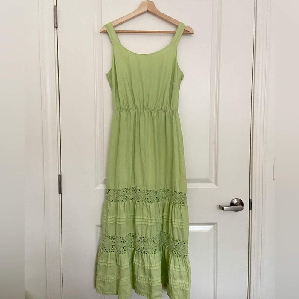 J Jill linen maxi dress, tiered skirt, lace detail, soft light green